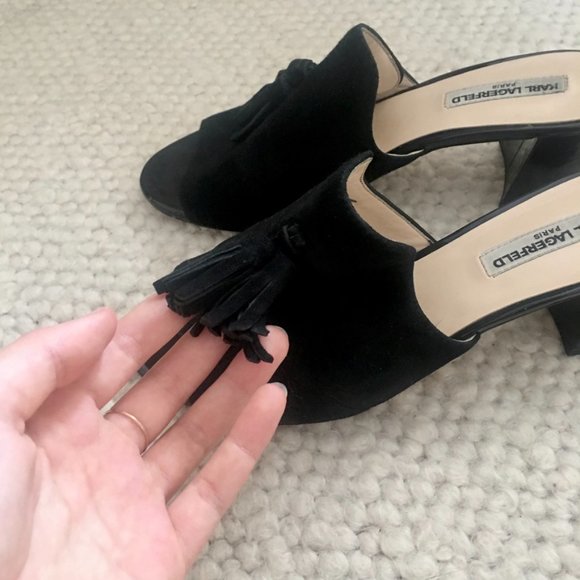 Karl Lagerfeld Paris Hettie Suede Mules sandal heels black 6 - Picture 3 of 15